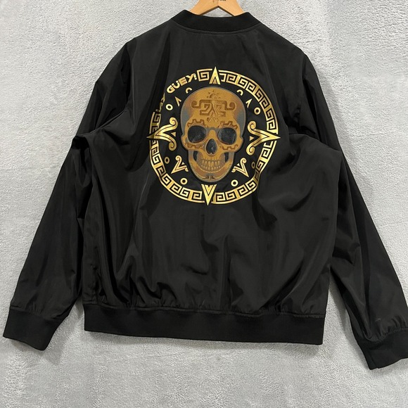 Ay Guey Men's Jacket XL Black Reversible Full Zip Windbreaker Skull Design